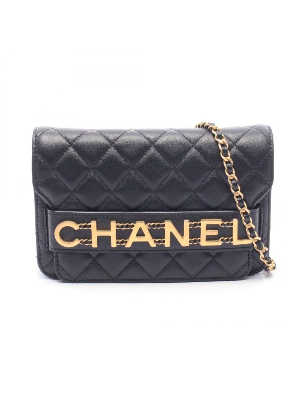 Chanel Shoulder Bag Quilted Logo Black Lambskin Chain Wallet